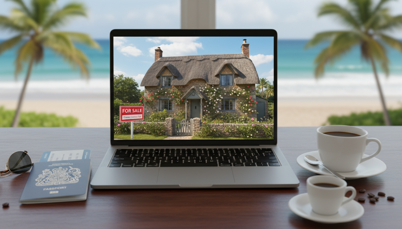 A cozy British cottage with a 'For Sale' sign, seen through a laptop screen on a tropical desk with a passport and coffee nearby.