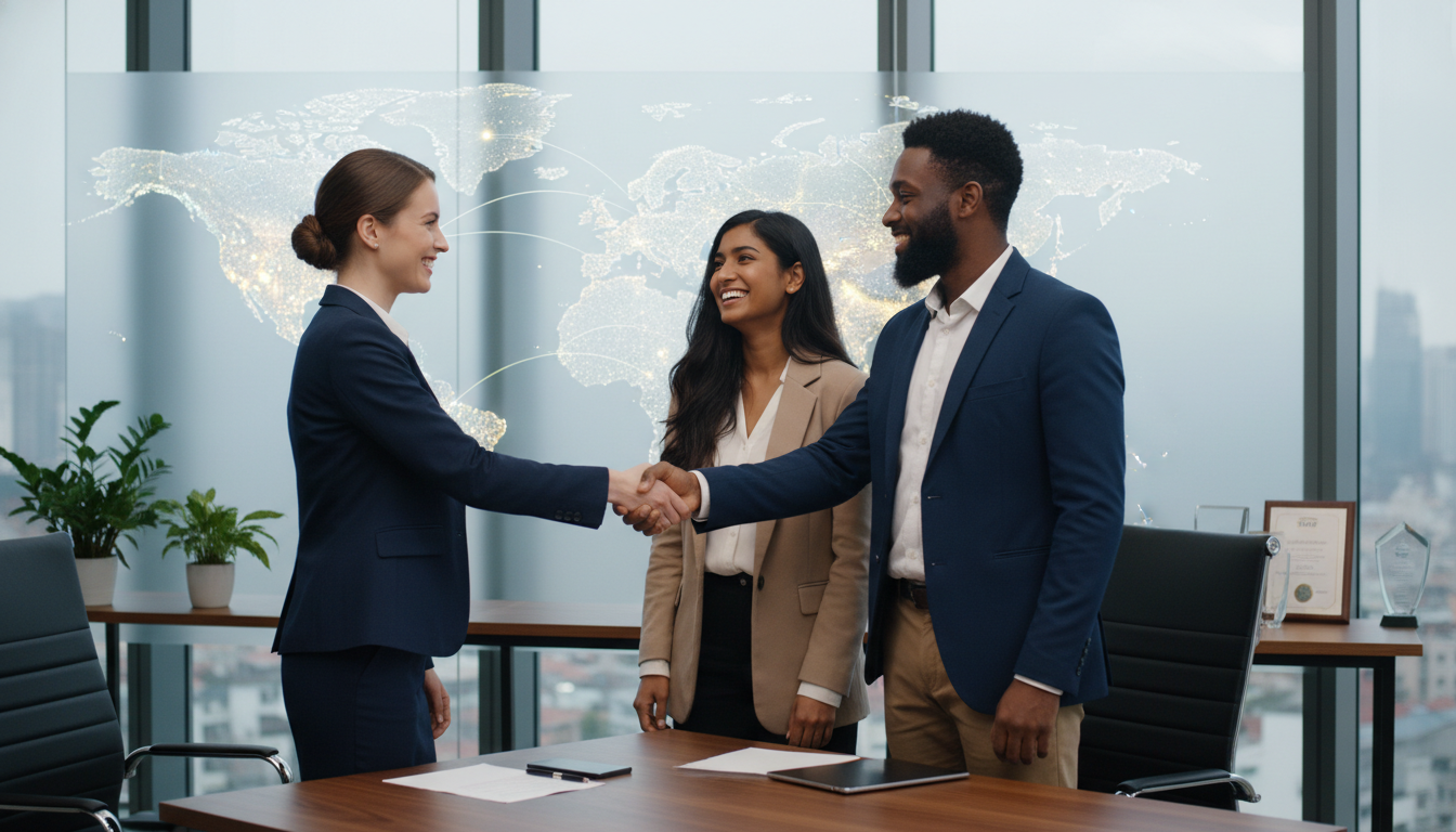 A professional mortgage advisor shaking hands with a diverse couple in a modern office, with a digital map of the world in the background.