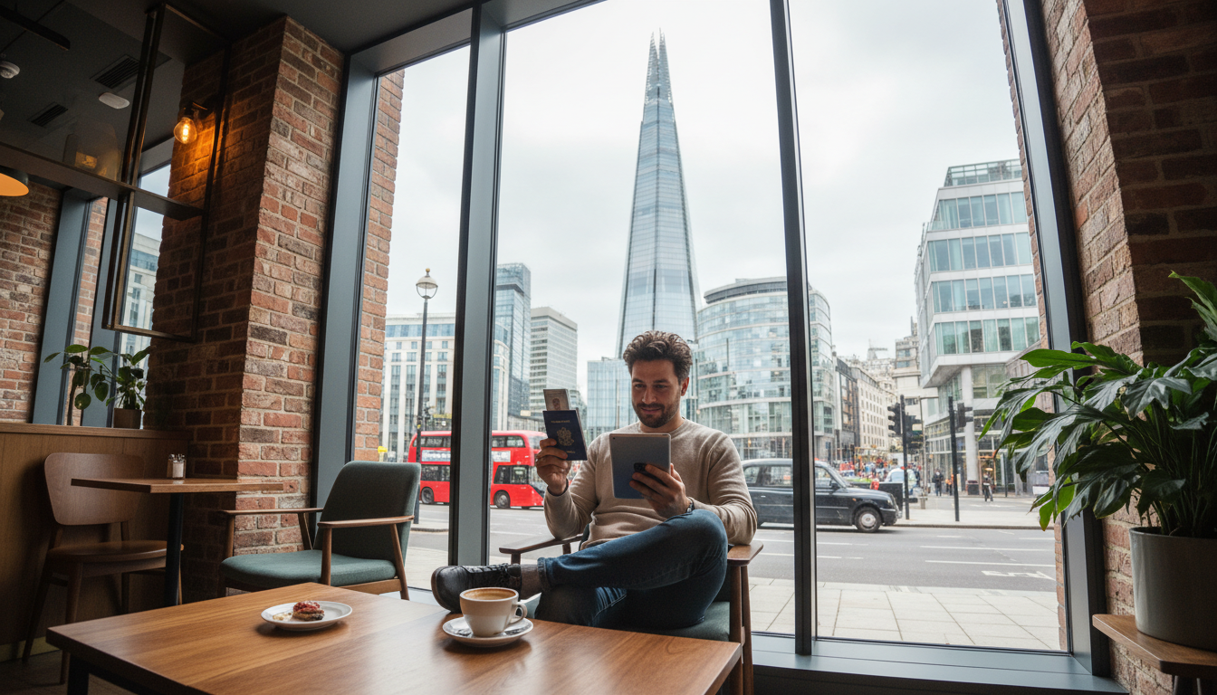 A wide-angle shot of a person sitting in a modern London cafe with a view of the Shard through the window, looking relaxed while checking their passport and a tablet.