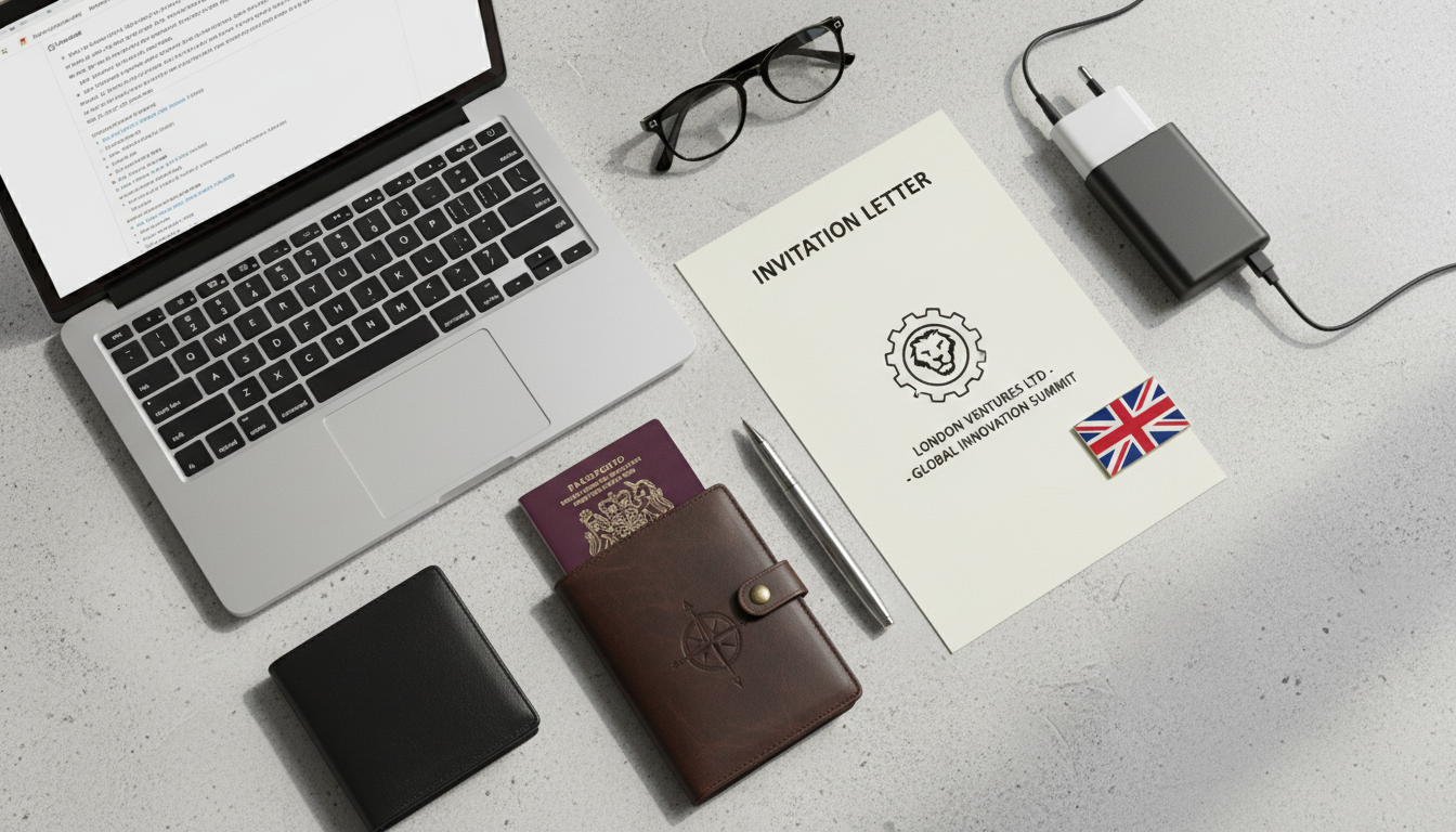 A flat lay of business travel essentials: a leather passport cover, a UK travel adapter, a pen, a sleek laptop, and a printed invitation letter with a London company logo.