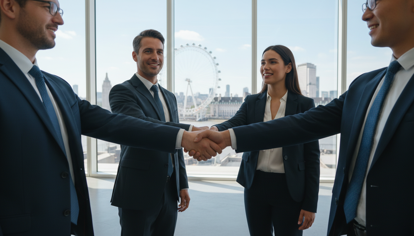 A close-up of a diverse group of professionals shaking hands in a bright, modern office with the London Eye visible in the background through floor-to-ceiling windows.