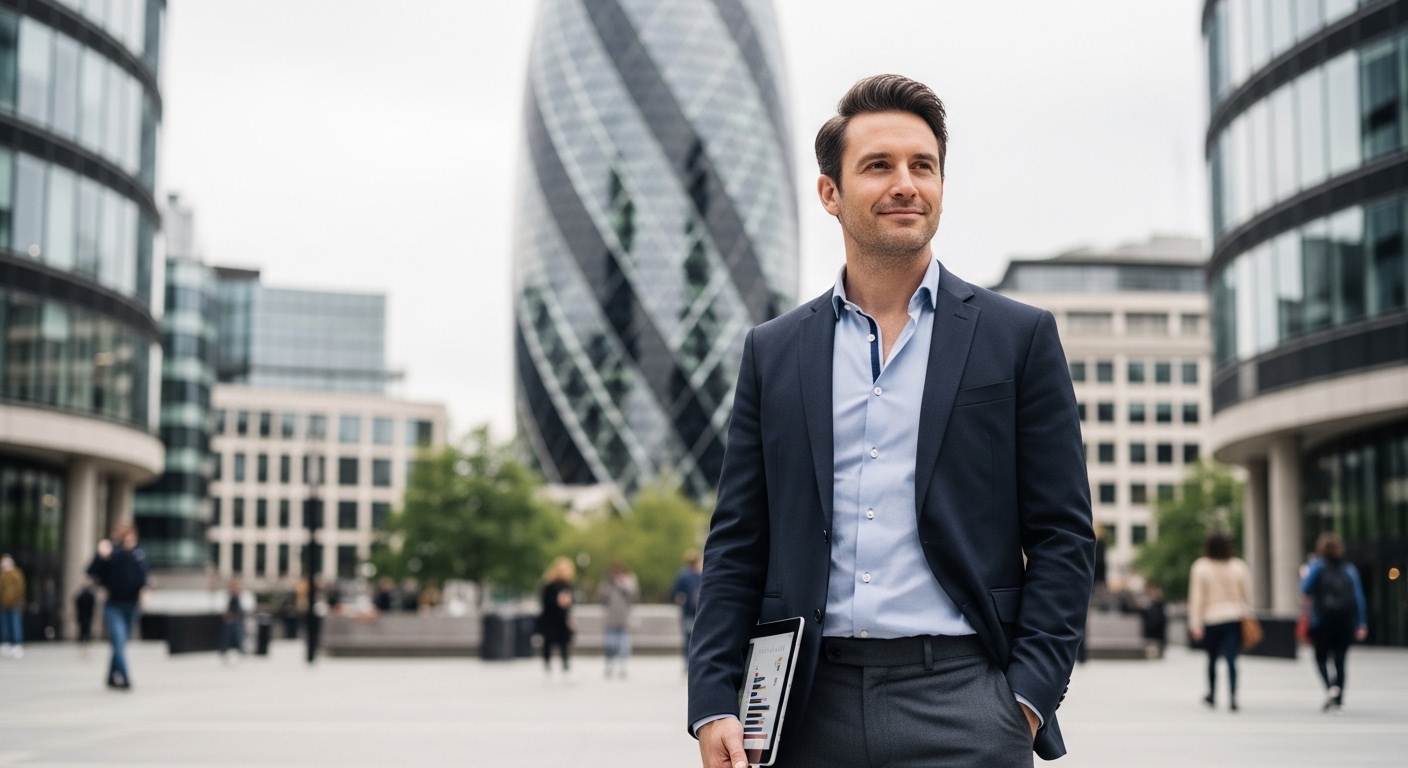 A professional expat in a smart-casual blazer holding a tablet, standing in front of the iconic Gherkin building in London, looking confident during a business trip.