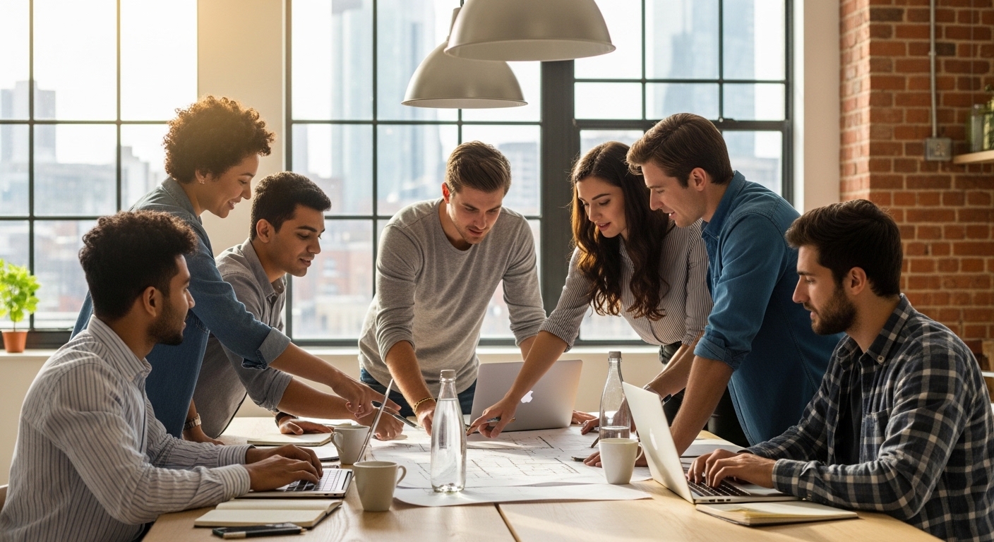 A diverse team of young entrepreneurs in a bright, modern Manchester co-working space, collaborating around a large wooden table with blueprints and laptops.