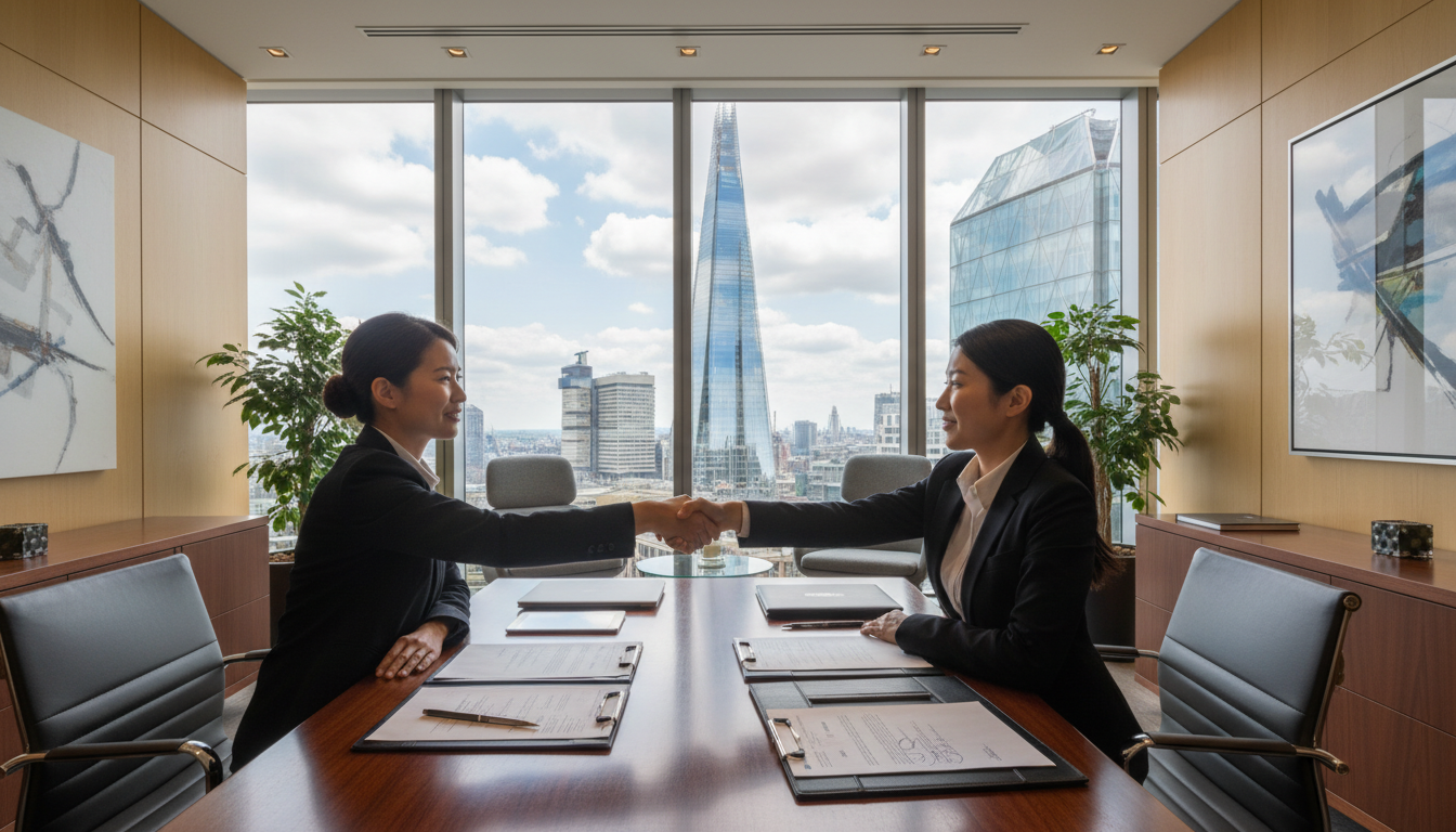 A professional modern office interior in London with a view of the Shard through the window, two people shaking hands over a mahogany desk with legal documents.