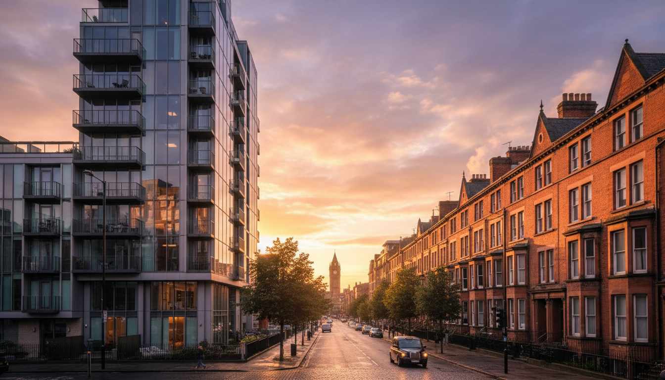 A high-quality wide-angle shot of modern luxury apartments next to traditional Victorian brick houses in Manchester city center during sunset, reflecting the mix of old and new UK real estate.