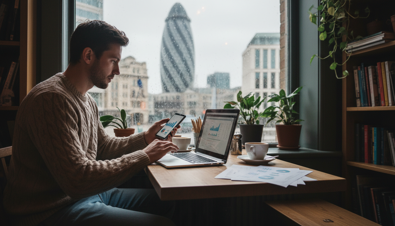 A person sitting in a cozy London cafe, using a laptop and a smartphone to manage a digital investment portfolio, with a blurred view of the Gherkin and City of London skyline in the background.
