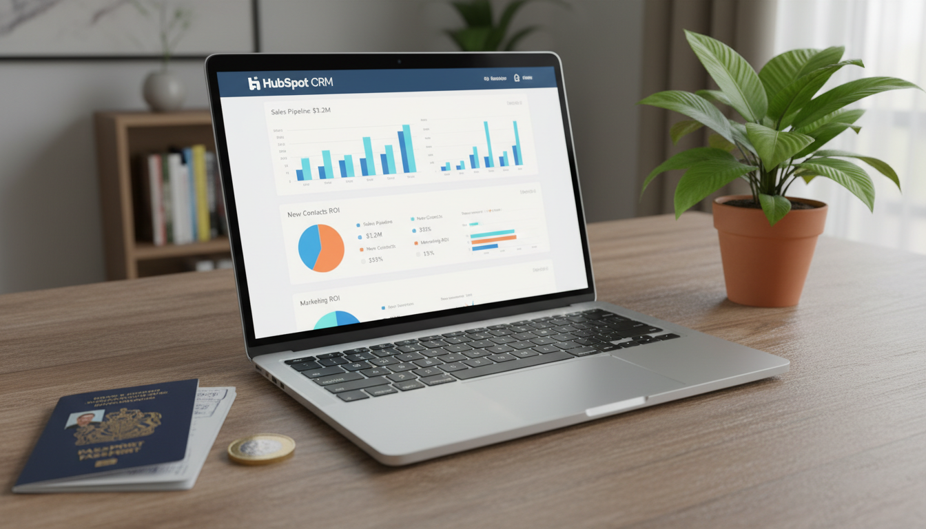A high-quality 3D render of a sleek laptop displaying a colorful HubSpot CRM dashboard, surrounded by a passport, a British pound coin, and a tropical plant on a wooden desk.