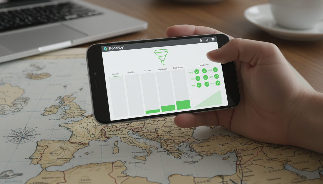 A close-up of a smartphone held by a hand over a map of Europe, showing the Pipedrive app with a clear visual sales funnel and green 'deal closed' icons.