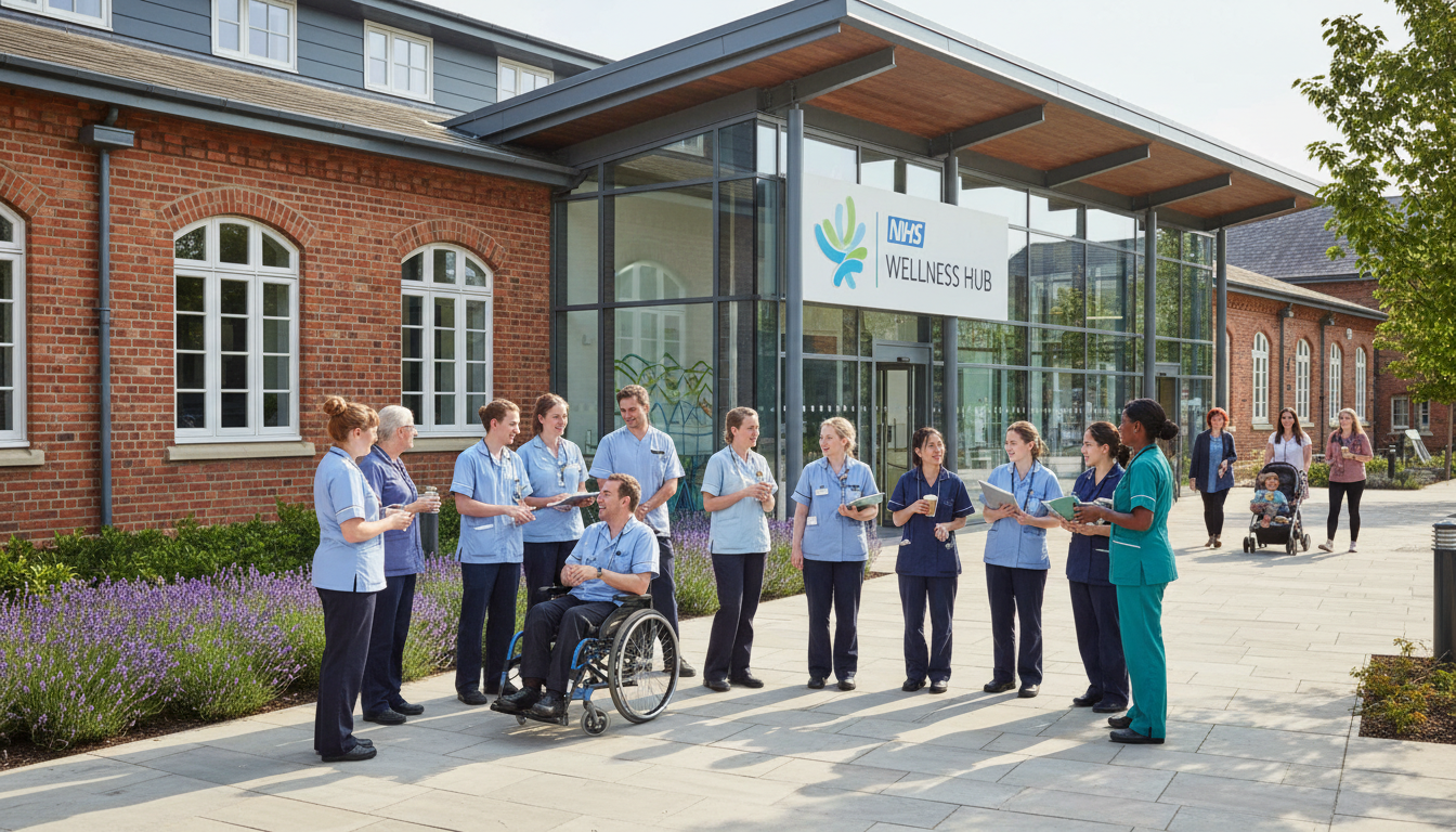 A diverse group of people standing outside a modern UK medical center with a mix of traditional and contemporary architecture, bright daylight, realistic style.