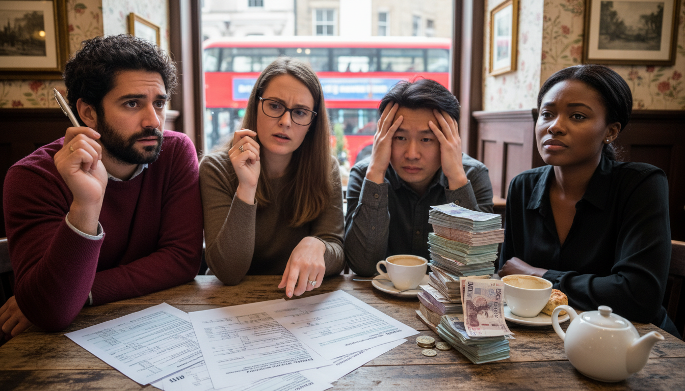 A diverse group of expats looking confused at British tax forms and a stack of colorful British banknotes on a wooden table in a London cafe.