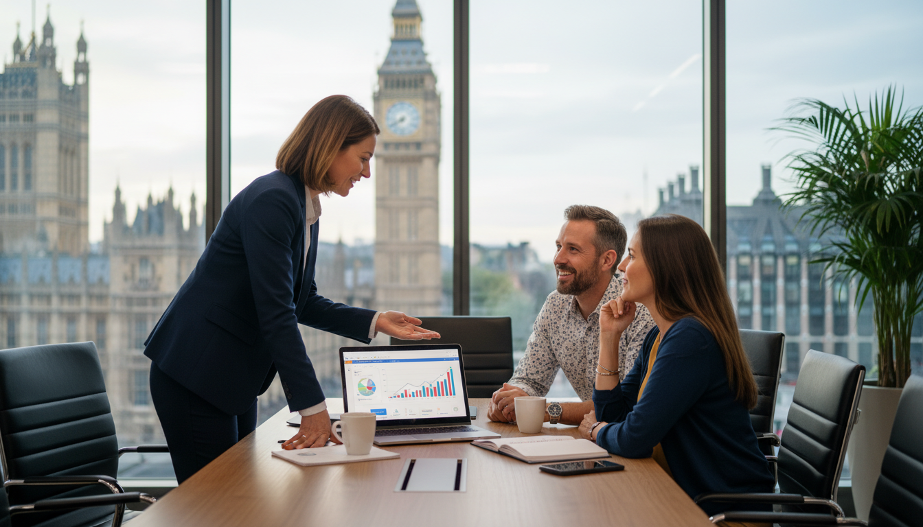 A modern office setting with a view of Big Ben through the window, where a friendly financial advisor is explaining a digital chart on a laptop to an expat couple.