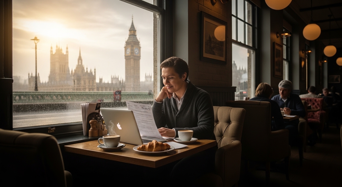 A cozy London cafe scene with a person looking at tax documents on a laptop, Big Ben visible through the window, soft morning light, realistic photography style