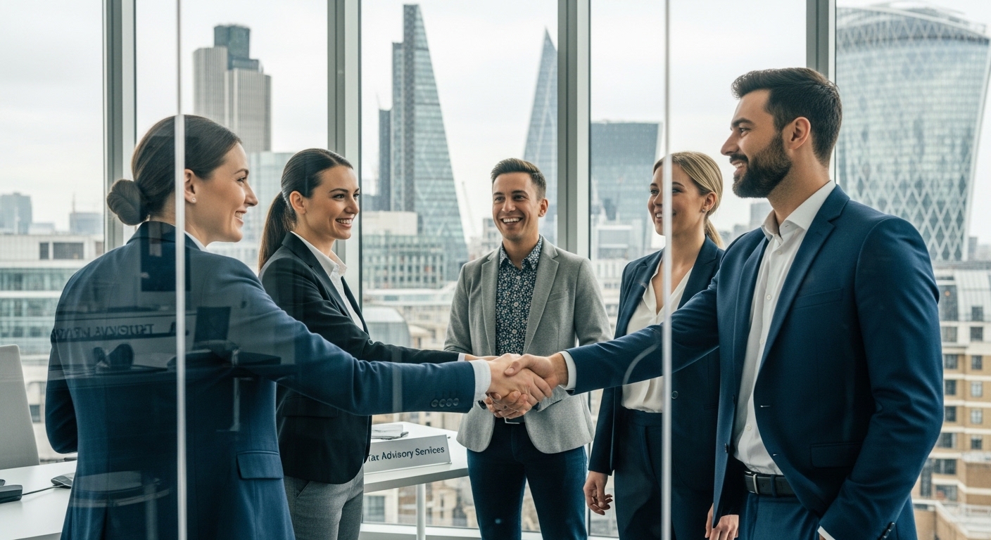 A diverse group of professional advisors in business casual attire shaking hands in a modern glass-walled office in the City of London, representing professional tax advisory services