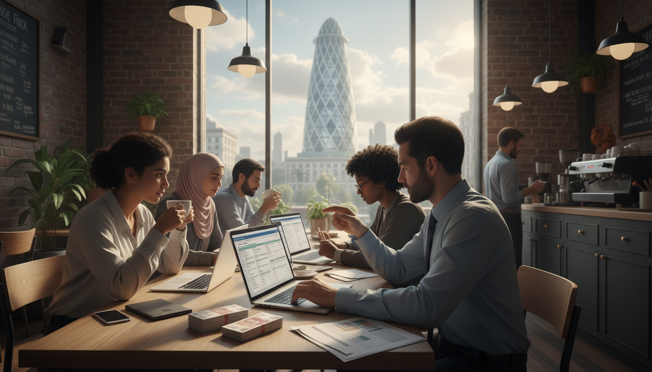 A diverse group of people in a modern London coffee shop, some working on laptops with tax documents and UK pound sterling notes visible, with a view of the Gherkin building through the window, photorealistic style, warm morning lighting.