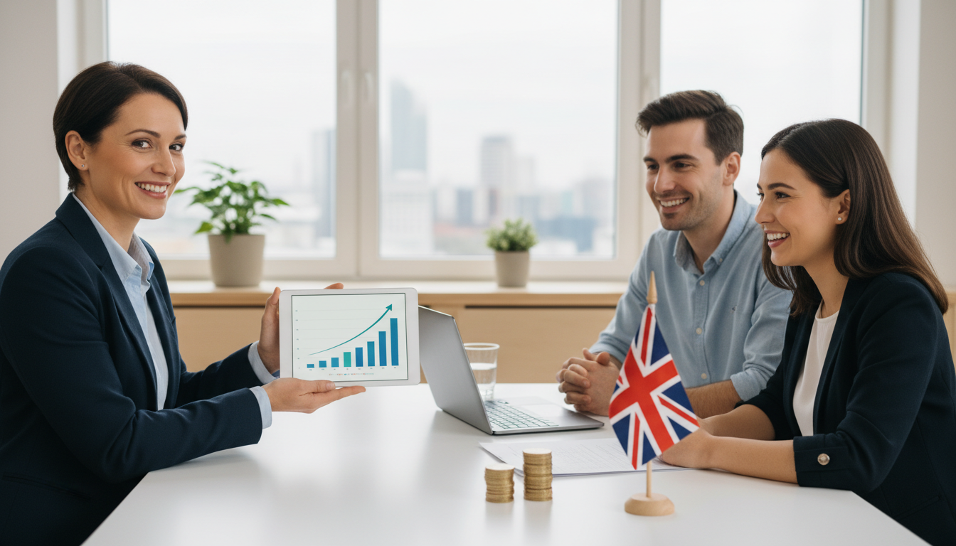 A professional UK accountant sitting at a clean, minimalist desk, showing a smiling expat couple a tablet with a rising bar chart, stacks of British coins and a small Union Jack flag on the desk, bright and airy office setting.