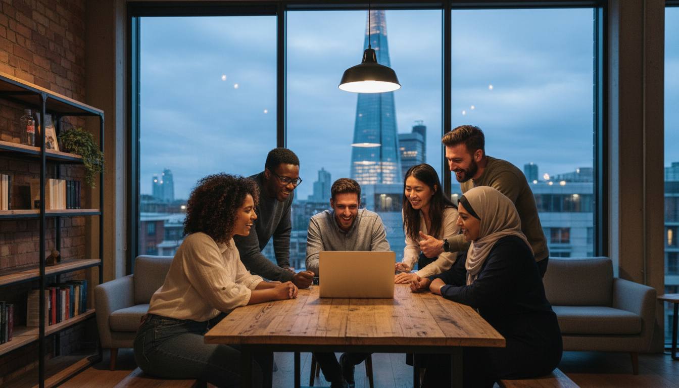 A diverse group of entrepreneurs in a modern London co-working space, with a view of the Shard in the background, looking at a laptop and smiling, high-quality photography, professional lighting