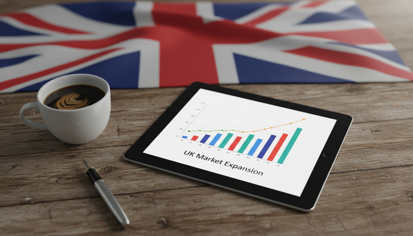 A close-up of a digital tablet showing a business growth chart with the UK flag in the background, stylized as a flat lay on a wooden desk with a cup of coffee and a pen, cinematic lighting