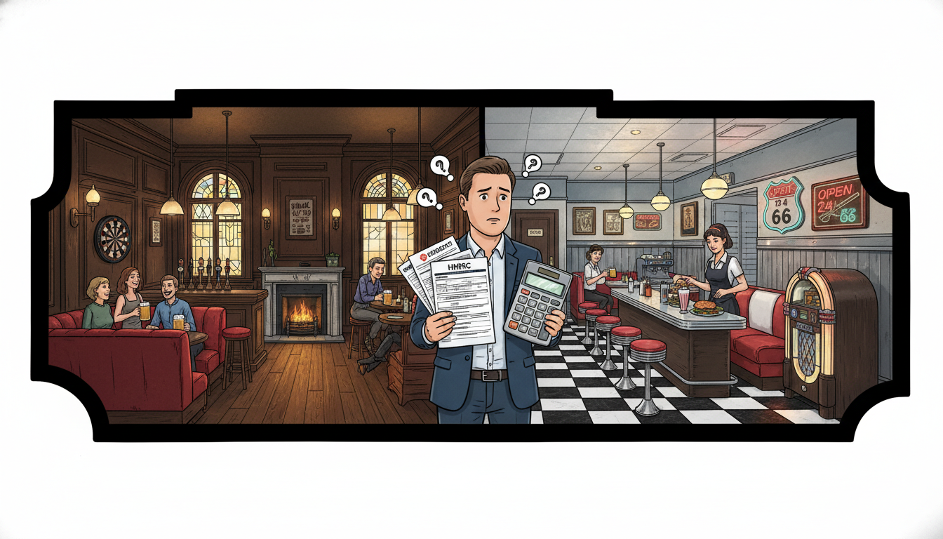 A split-screen illustration showing a cozy British pub on one side and a classic American diner on the other, with a person in the middle looking confused while holding a stack of tax forms and a calculator.