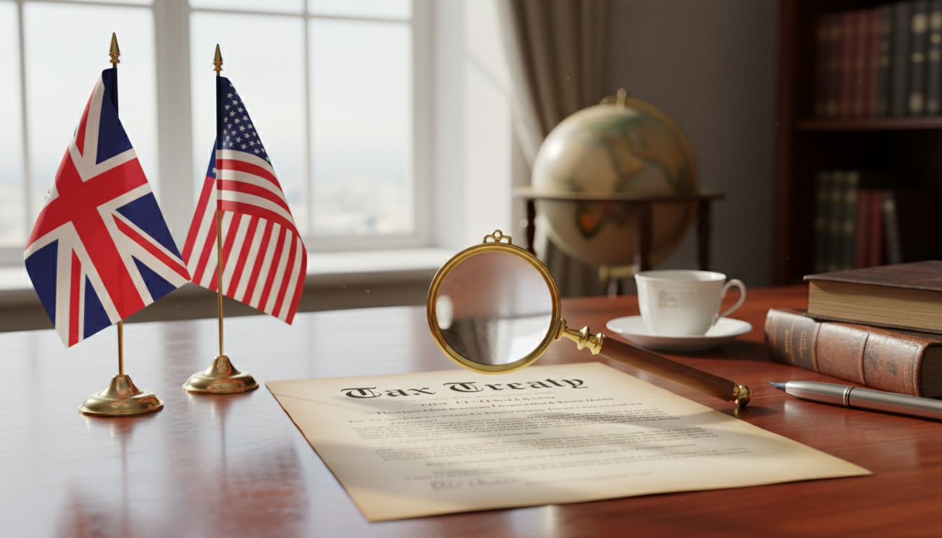 A professional-looking wooden desk with a British Union Jack flag and a US Stars and Stripes flag in small stands, with a magnifying glass hovering over a legal document titled 'Tax Treaty'.