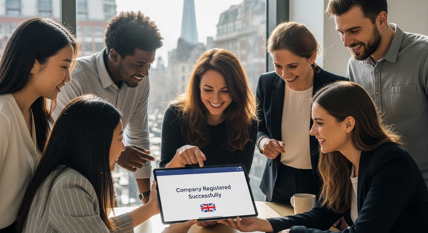 A diverse group of young entrepreneurs in a modern, sunlit London co-working space, looking at a digital tablet together showing a successful 'Company Registered' confirmation screen with the UK flag subtly in the background.