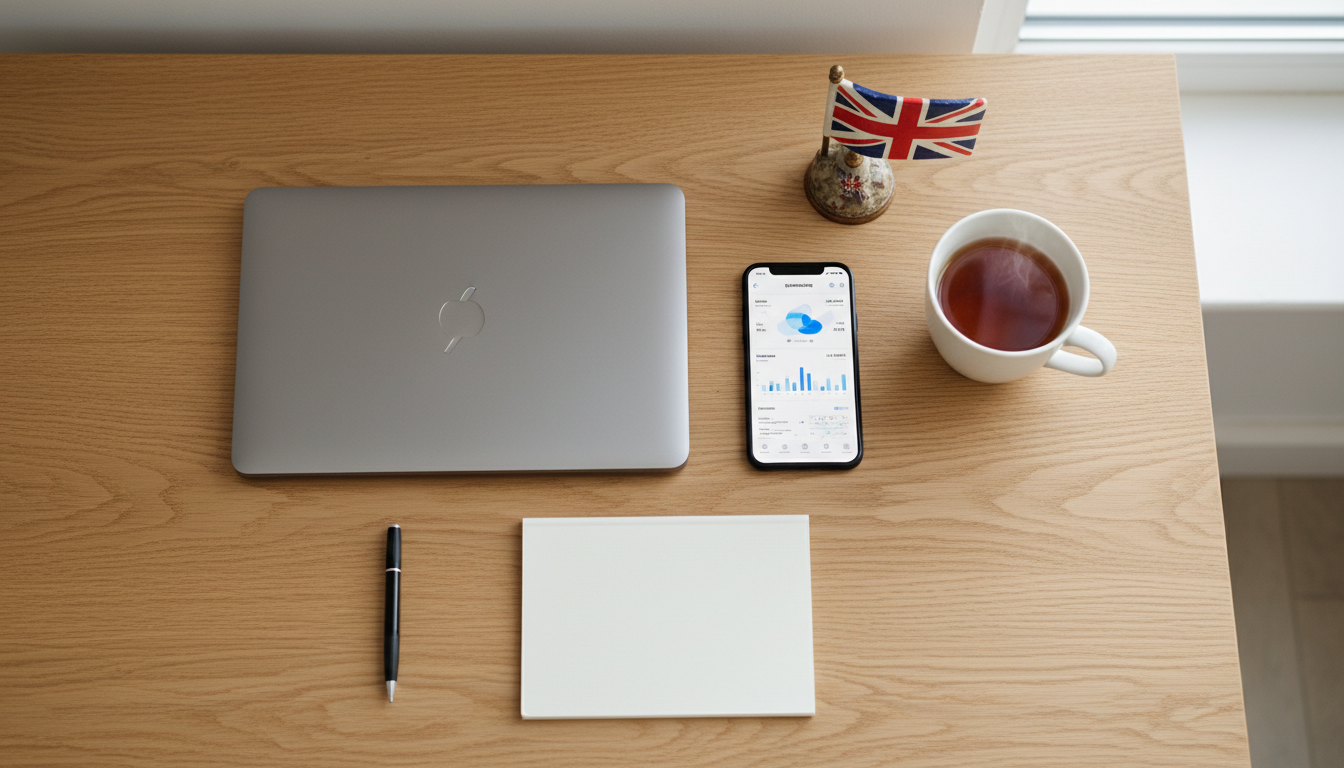 A high-quality flat lay of a minimalist wooden desk featuring a sleek laptop, a smartphone showing a modern banking app interface, and a classic ceramic mug of English tea next to a small Union Jack desk ornament.