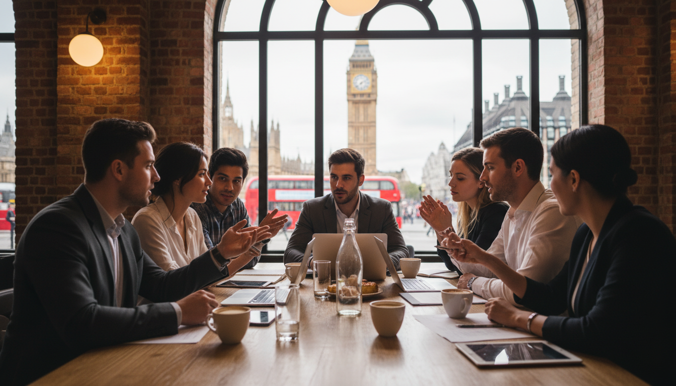 A diverse group of young entrepreneurs sitting around a wooden table in a modern London cafe, brainstorming with laptops and coffee cups, Big Ben visible through a window in the background.