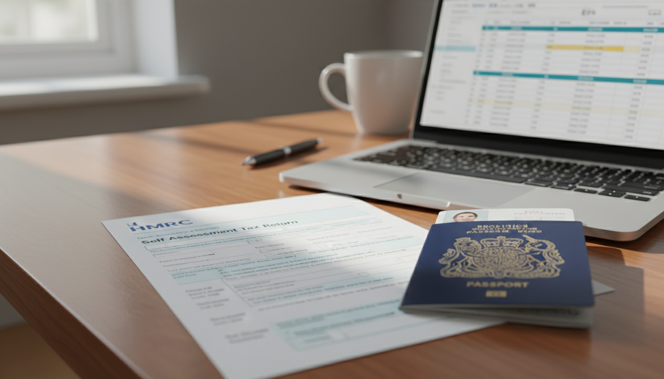 A high-quality close-up of a UK tax form 'HMRC' sitting on a desk next to a British passport and a laptop, soft natural lighting.