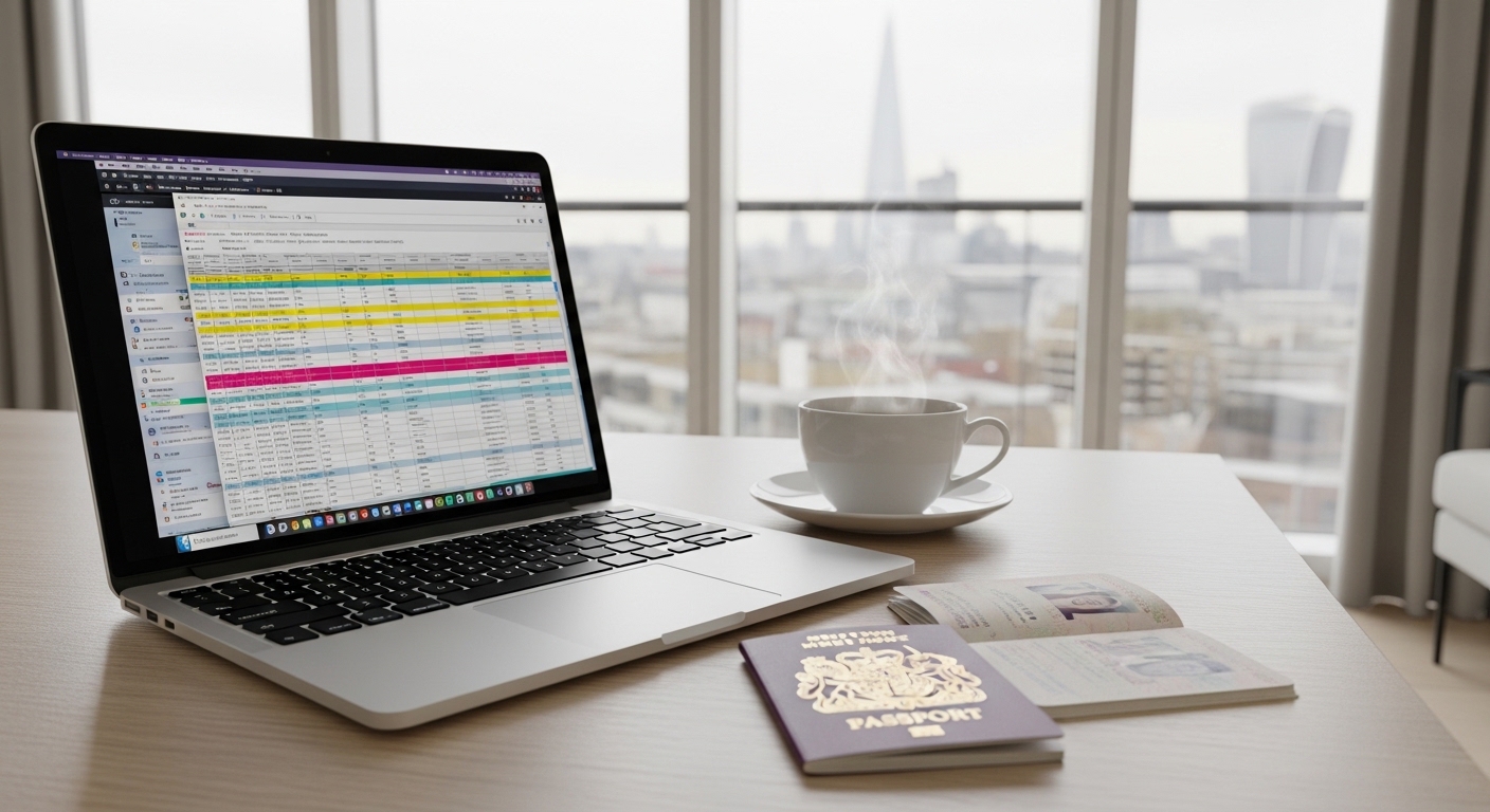 A high-angle shot of a modern laptop, a British passport, and a cup of Earl Grey tea on a wooden desk in a bright London apartment, symbolizing an expat starting a business.