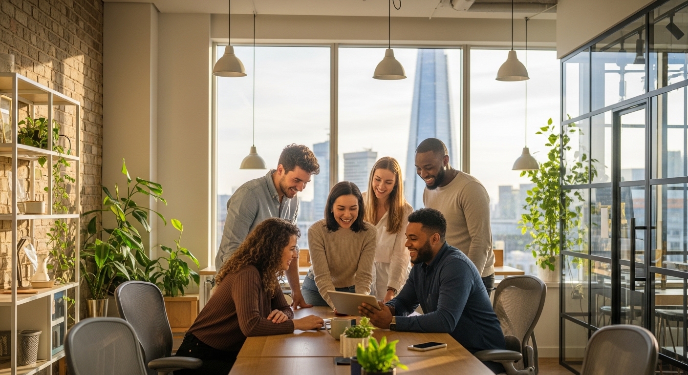 A diverse group of young entrepreneurs in a trendy, glass-walled London co-working space, looking at a tablet screen together and laughing, with the Shard visible in the background window.