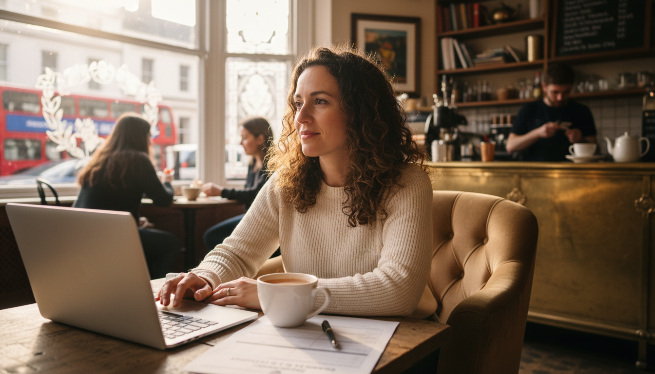 A relaxed expat sitting in a cozy London cafe with a laptop, a steaming cup of tea, and a simplified British tax form, looking thoughtful but not stressed.