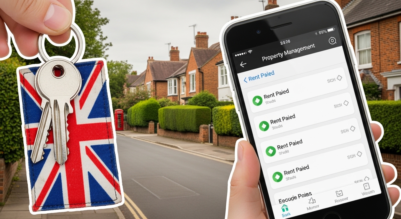 A collage showing a hand holding a set of silver keys with a Union Jack keychain, a smartphone displaying a property management app with 'Rent Paid' notifications, and a blurred background of a charming suburban British street.